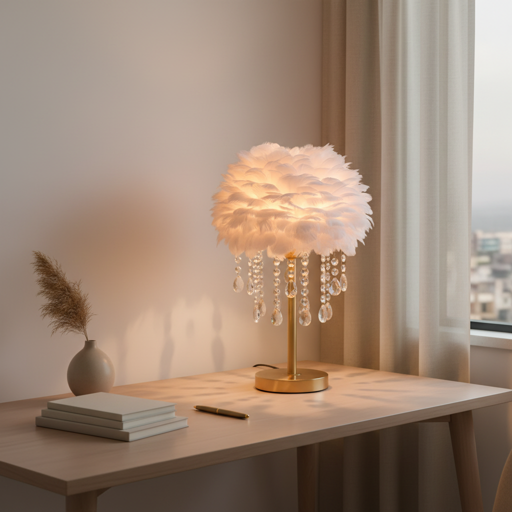 White Feather Crystal Tassel Brass Table Lamp — Ambient Elegant Decor