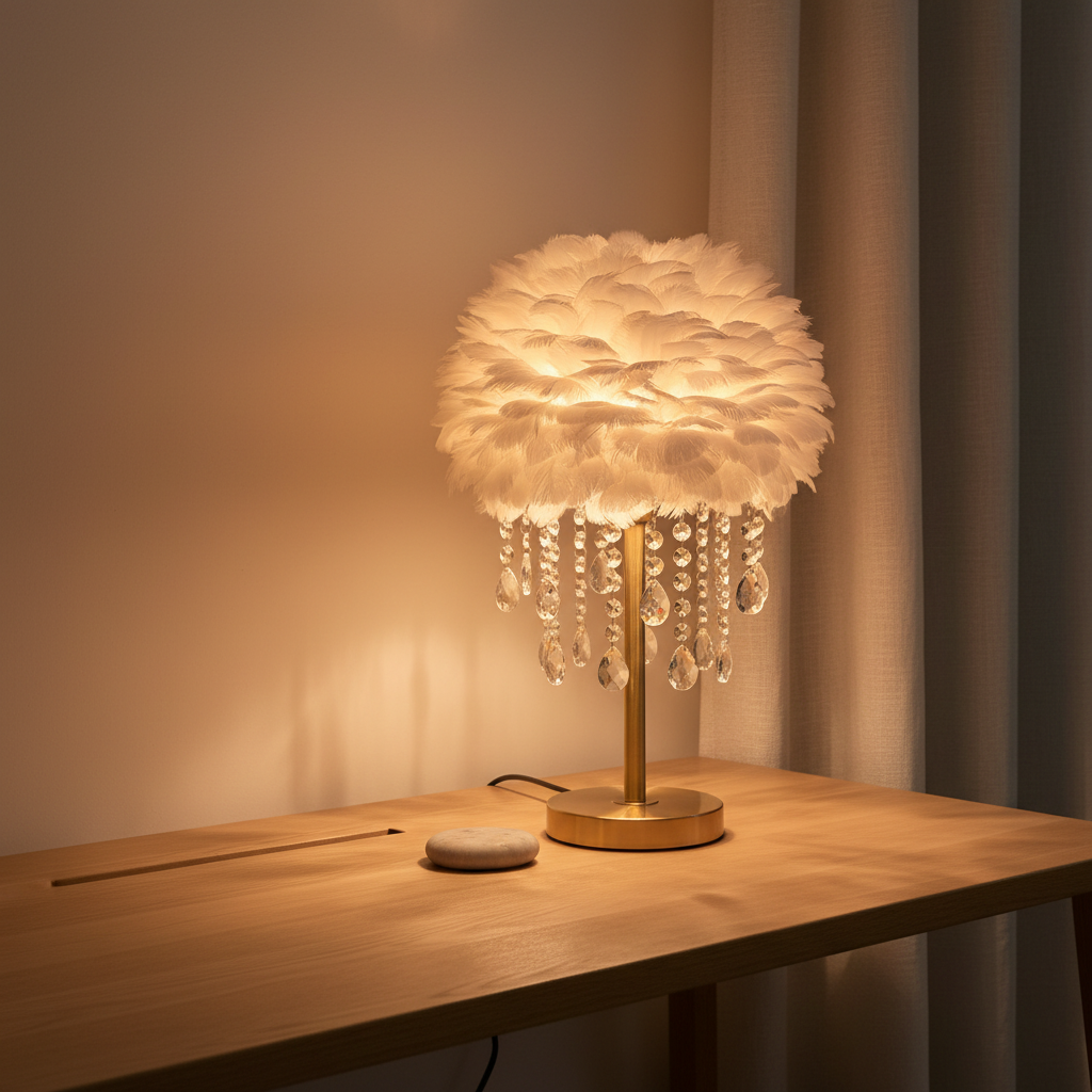 White Feather Crystal Tassel Brass Table Lamp — Ambient Elegant Decor