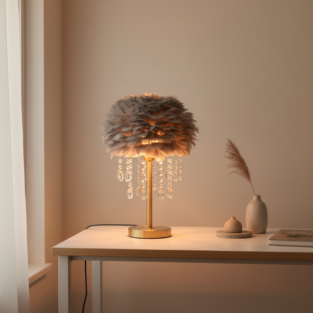 White Feather Crystal Tassel Brass Table Lamp — Ambient Elegant Decor
