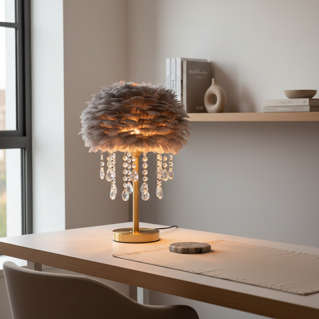 White Feather Crystal Tassel Brass Table Lamp — Ambient Elegant Decor
