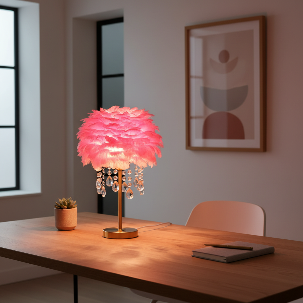 White Feather Crystal Tassel Brass Table Lamp — Ambient Elegant Decor