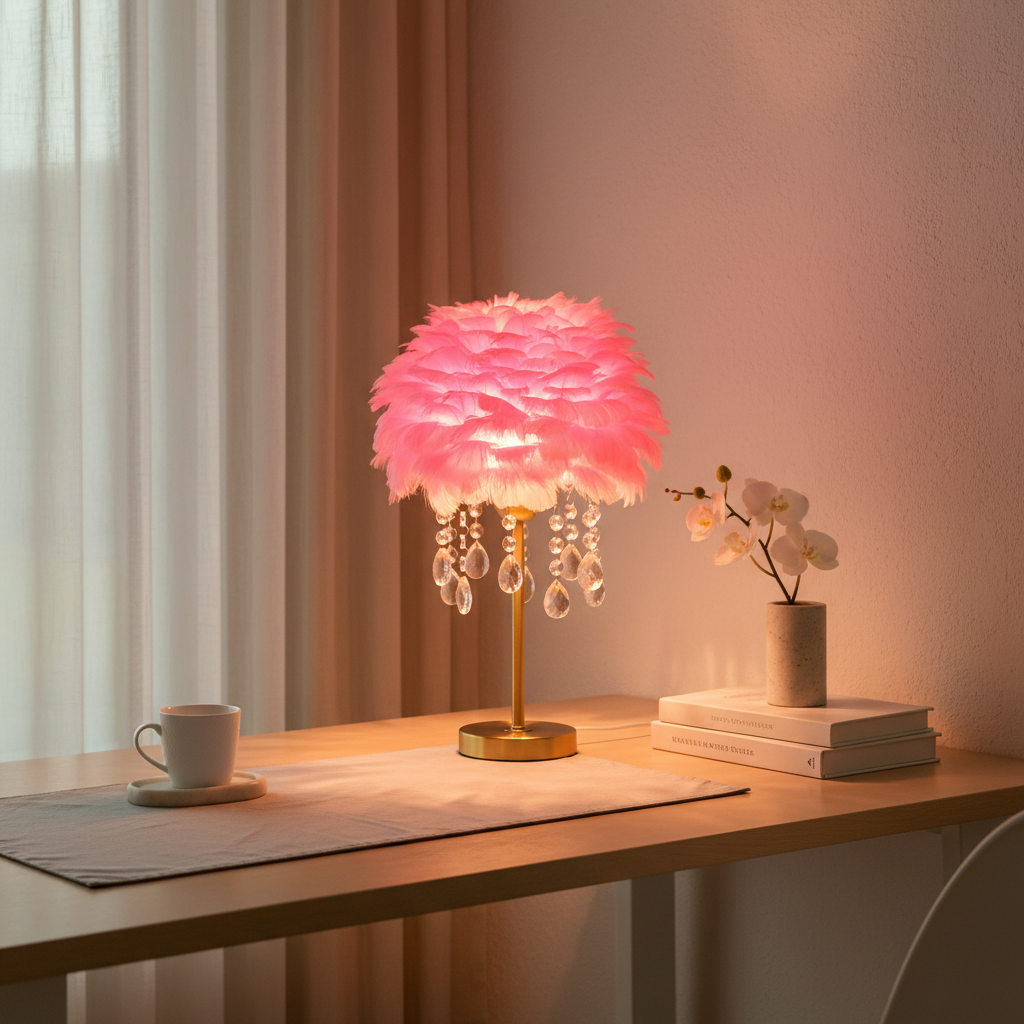 White Feather Crystal Tassel Brass Table Lamp — Ambient Elegant Decor