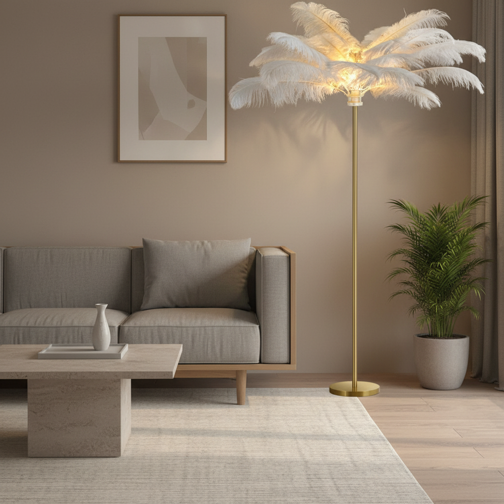 White Feather Shade Gold Iron Glamorous Accent Luxury Floor Lamp