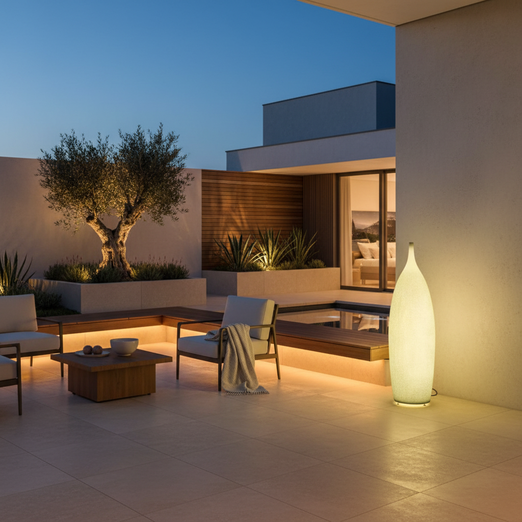White Resin Solar Outdoor Garden Floor Lamp — Modern Weatherproof Design